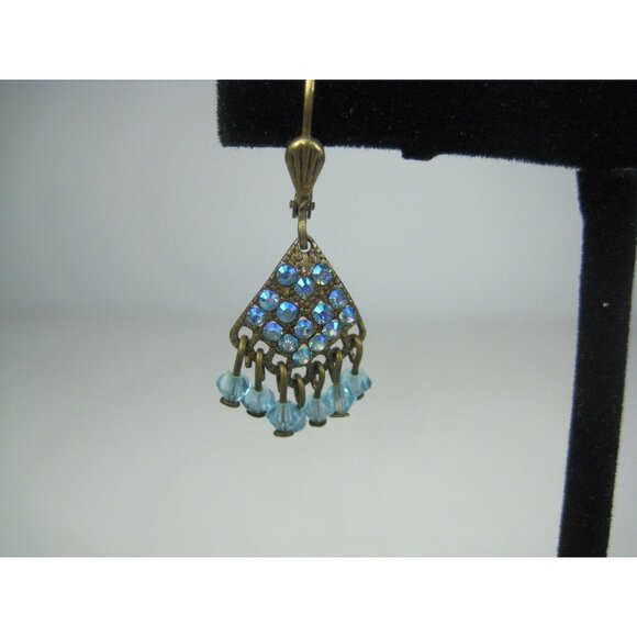 Vintage Blue Rhinestone Bead Dangle Earrings Chandelier Boho Victorian Style - Picture 4 of 7